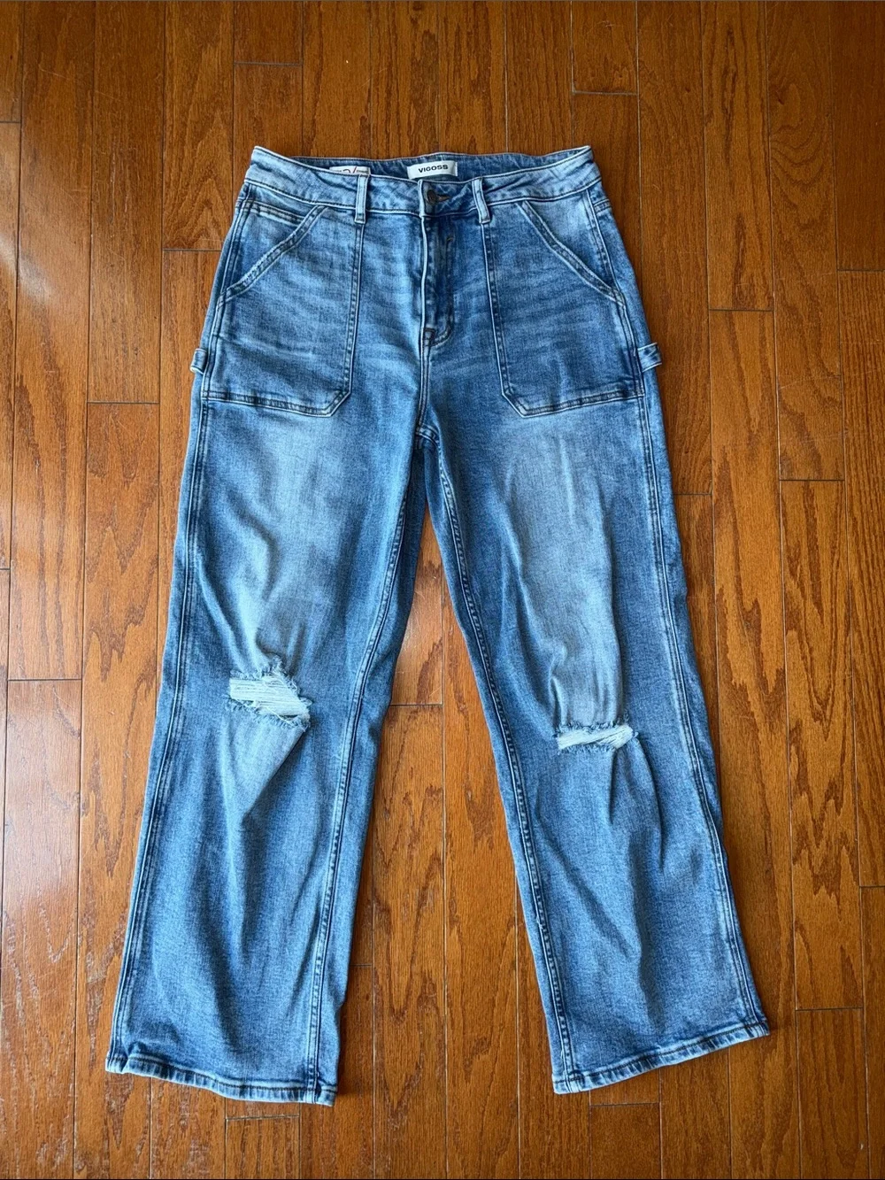 Vigoss NWOT ($74.00) Ripped Baggy Straight Leg Utility Jeans in Medium Blue
